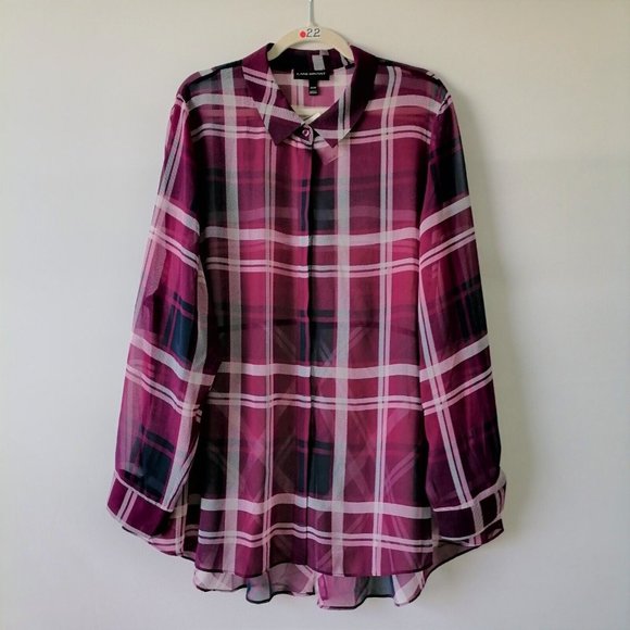 Lane Bryant Womens Purple White Plaid Sheer Button Up Tunic Shirt Size 26/28 - Picture 1 of 8